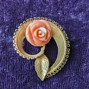 Vintage / Antique 12K Gold Filled Filigree Brooch With Angel Skin Coral Rose